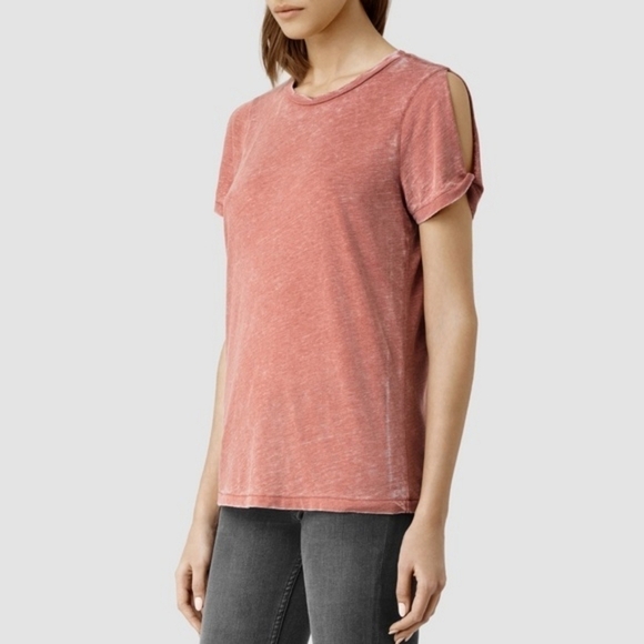 All Saints Mazzy Devo Red White Striped Tee Slit Twist Sleeves - Picture 6 of 7